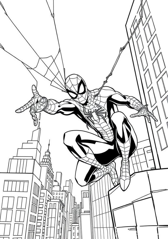 Homem Aranha com a teia na cidade para colorir