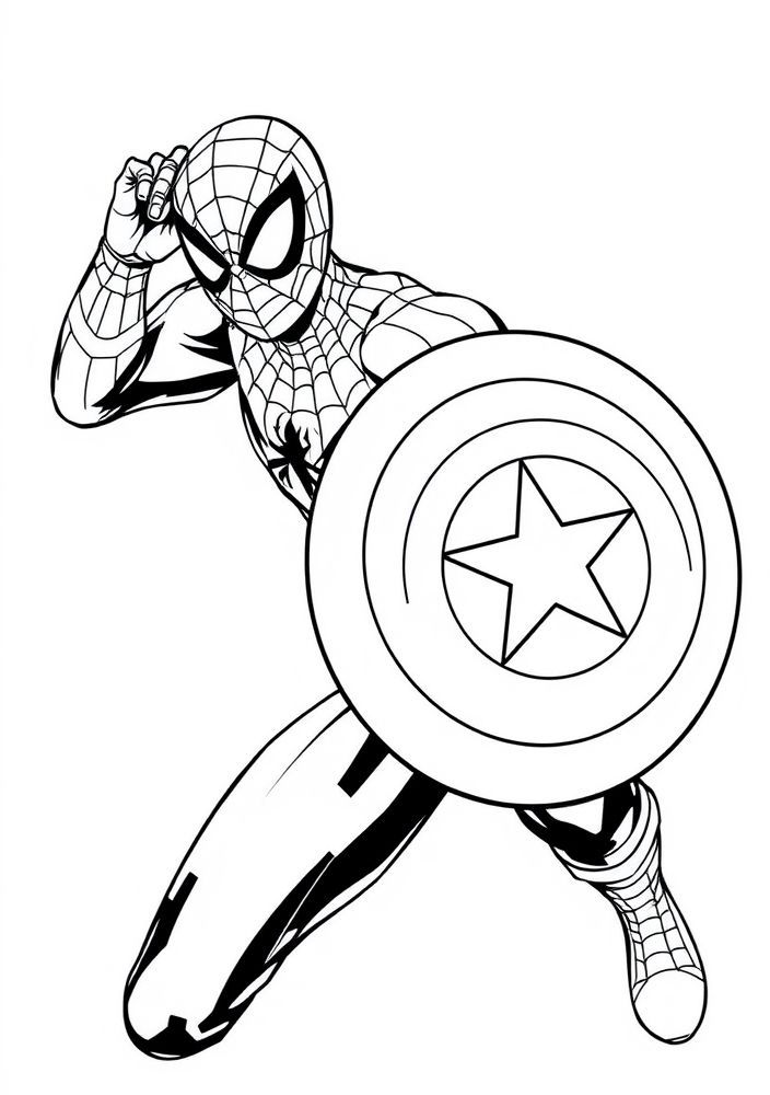 Homem Aranha e o escudo do Capitão América para colorir