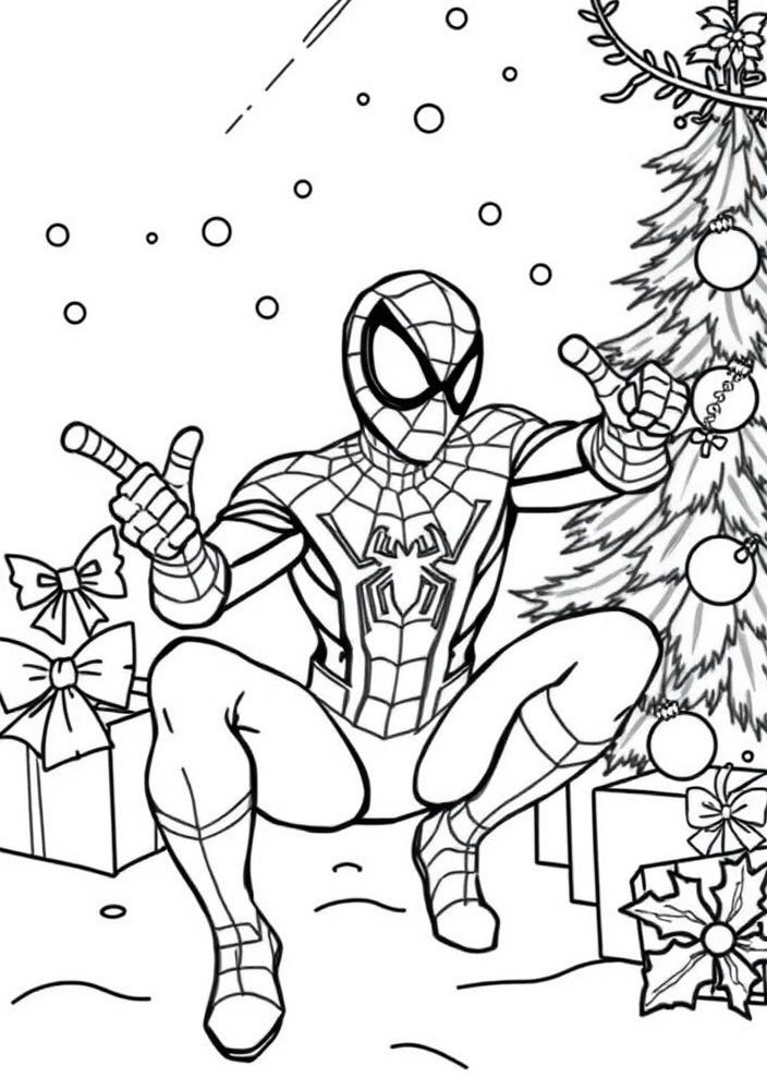 Homem Aranha em uma cena de Natal para colorir