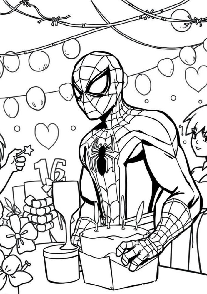 Homem Aranha em uma cena de festa para colorir