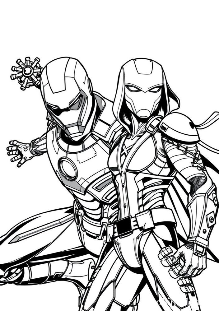 Homem de Ferro e a Viúva Negra em equipe para colorir