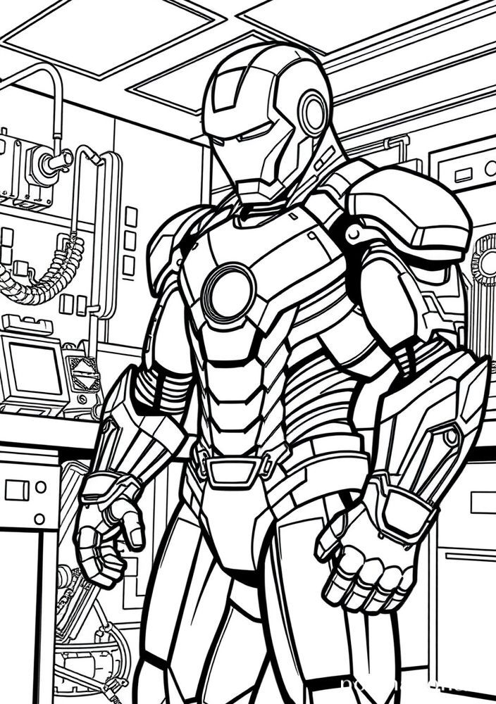 Homem de Ferro em seu laboratório trabalhando em novos trajes para colorir