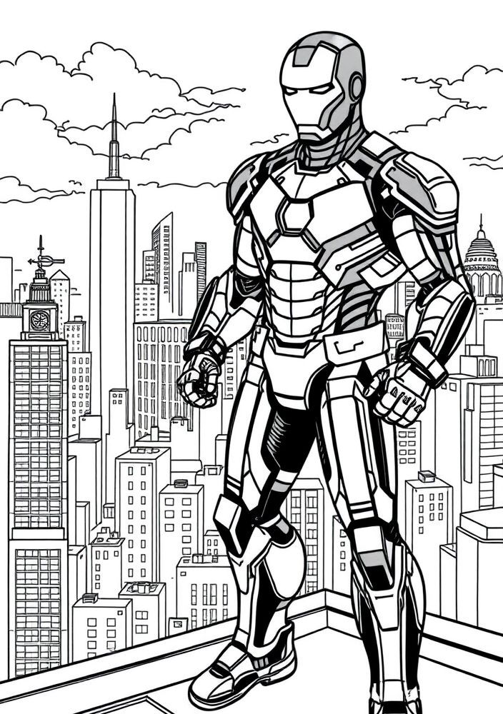 Homem de Ferro em um cenário urbano para colorir