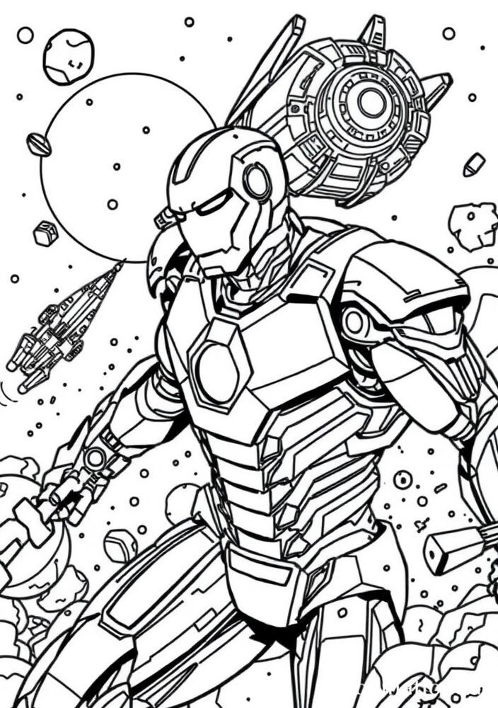 Homem de Ferro em um combate de naves espaciais para colorir