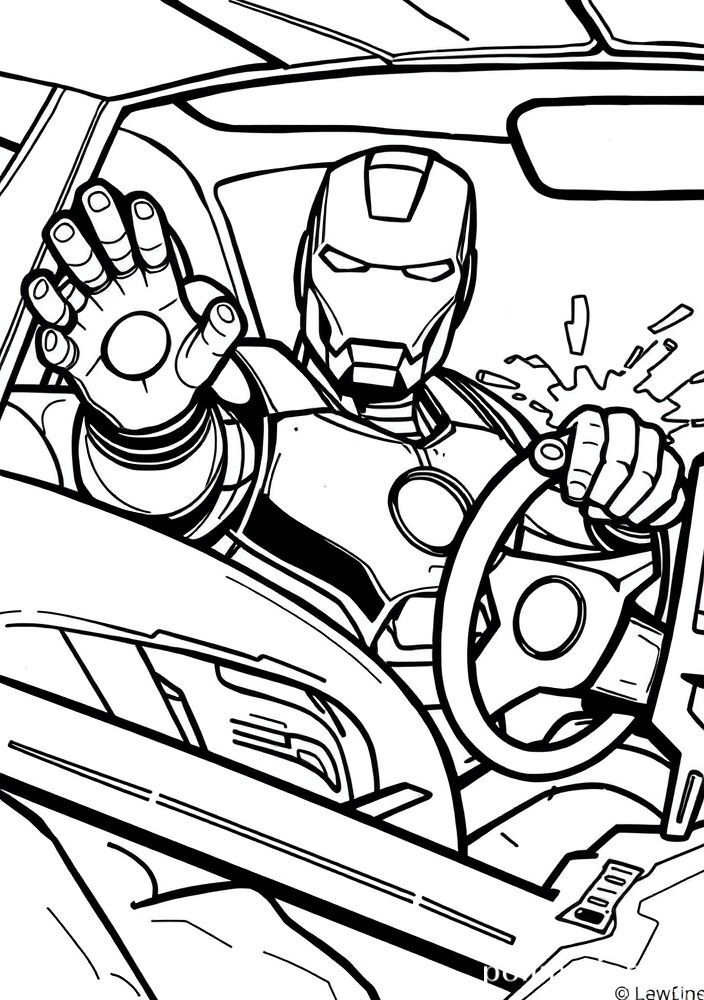 Homem de Ferro em um passeio com seu carro para colorir