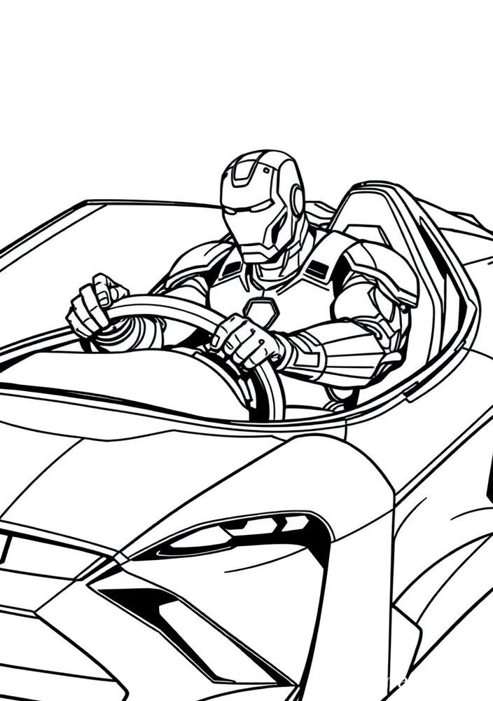 Homem de Ferro em um passeio de carro futurista para colorir