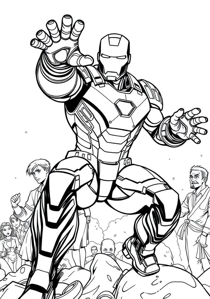 Iron Man salvando civis em perigo para colorir
