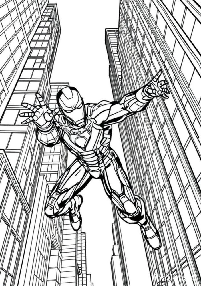 Iron Man voando entre arranha-céus para colorir