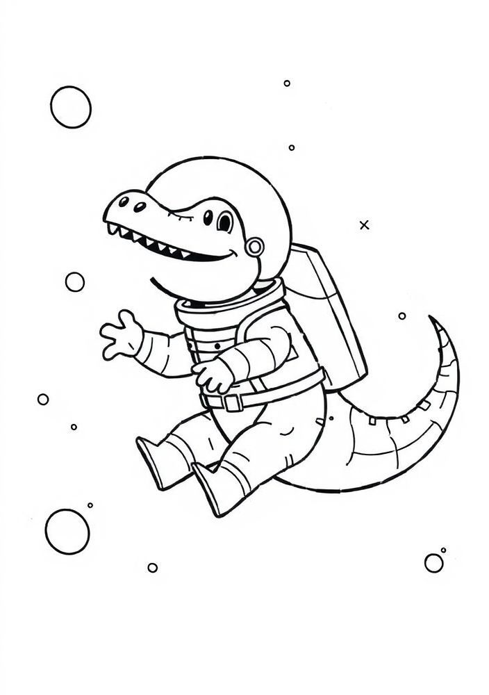 Jacaré astronauta flutuando no espaço para colorir