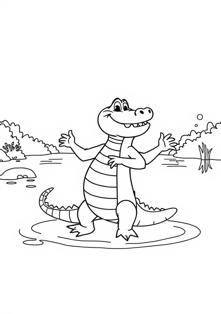 Jacaré bailando no lago para colorir