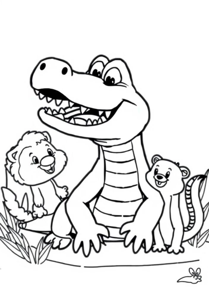 Jacaré com amigos animais para colorir