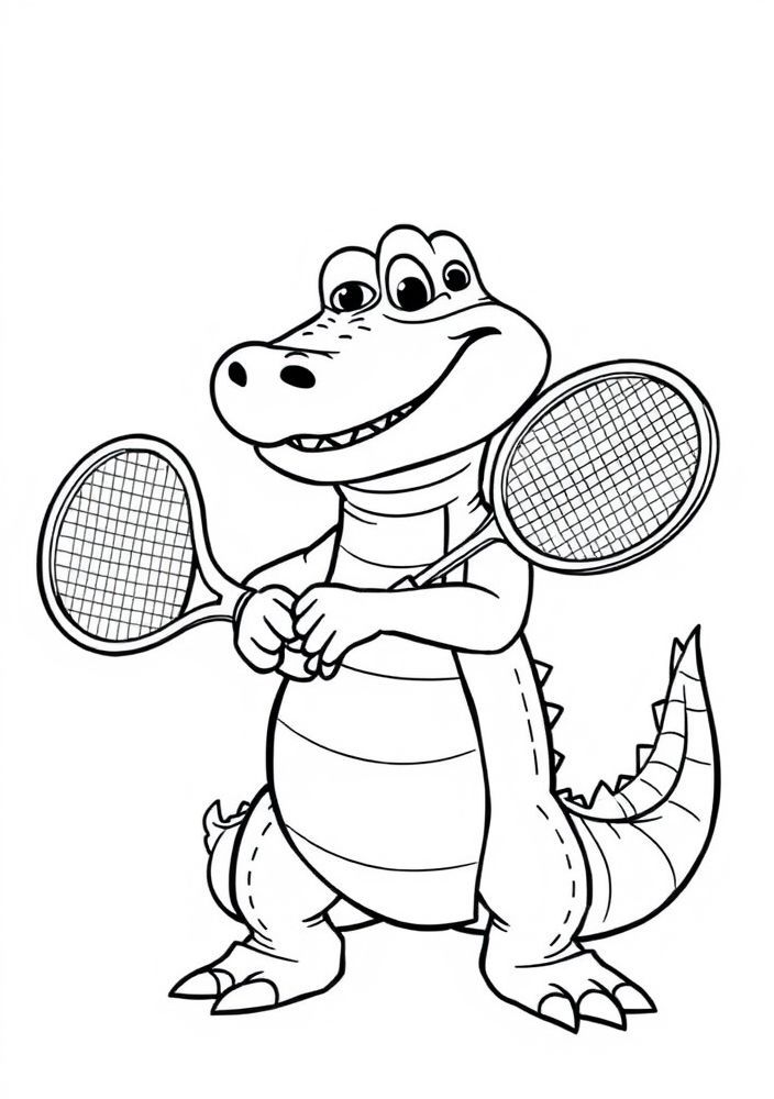 Jacaré com raquetes de tênis para colorir