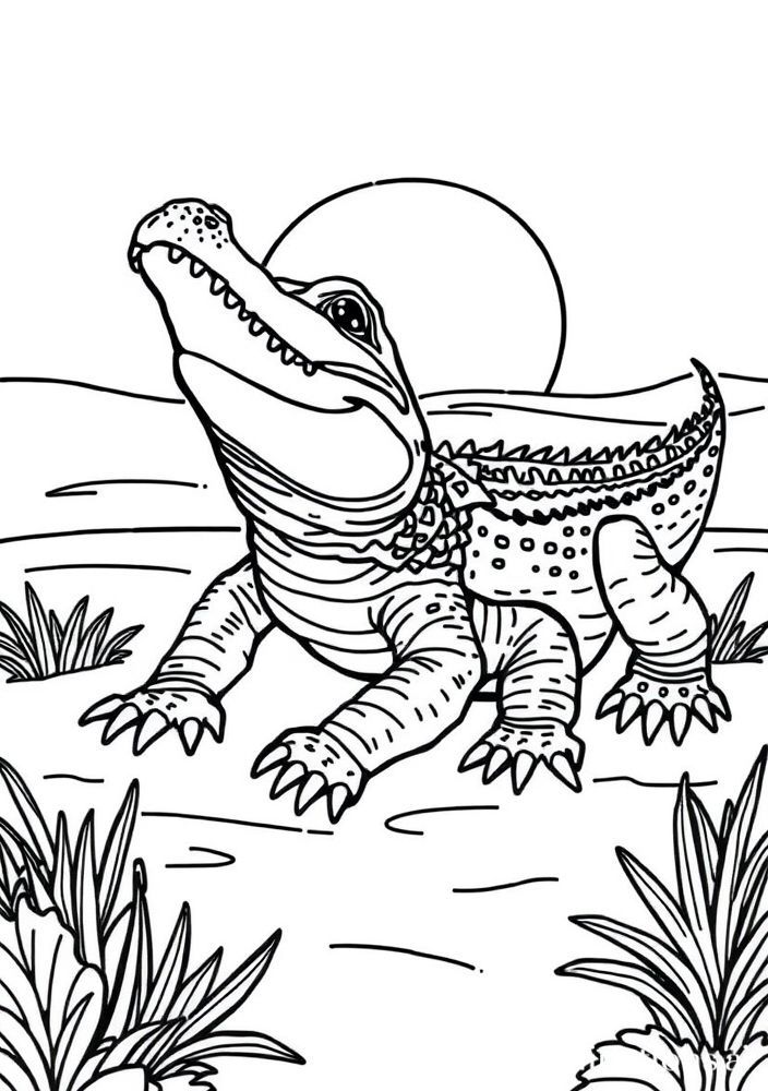 Jacaré e o Sol Nascente para colorir