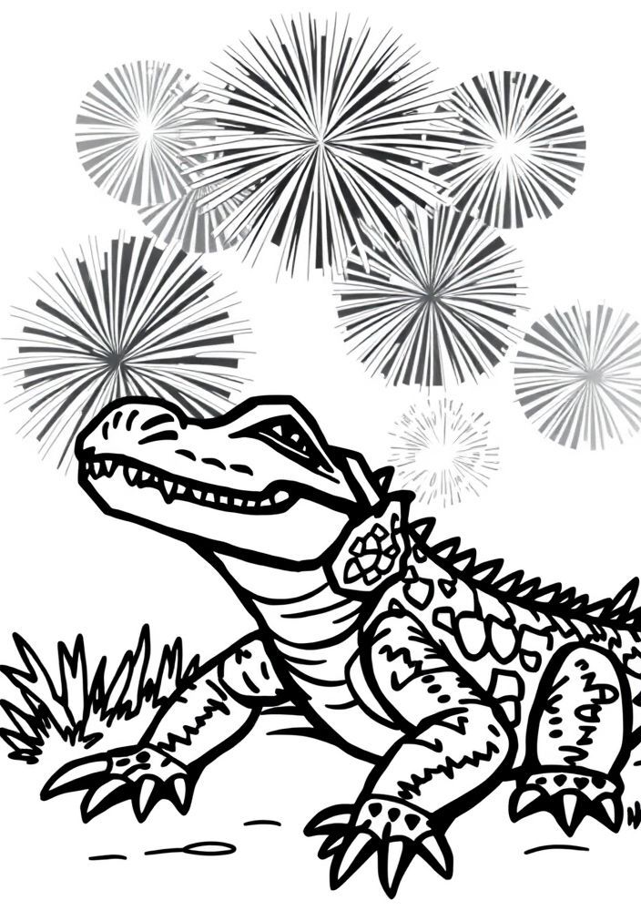 Jacaré em um Show de Fogo de Artifício para colorir