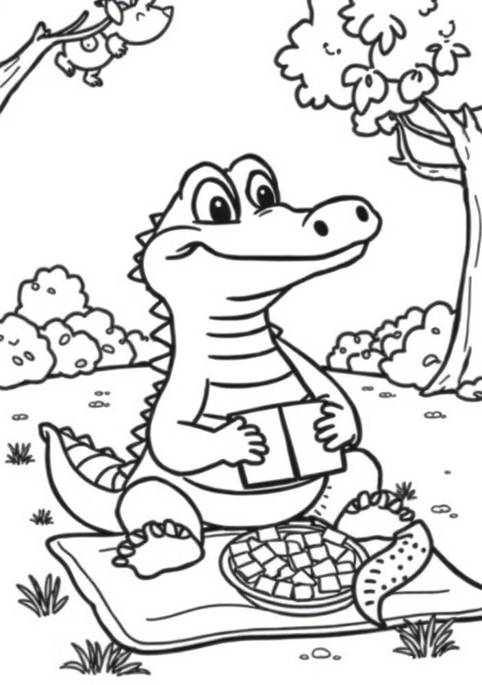 Jacaré fazendo um piquenique no parque para colorir