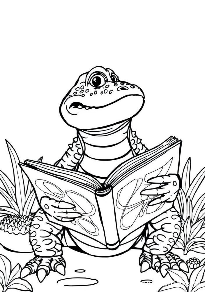 Jacaré lendo um Livro para colorir