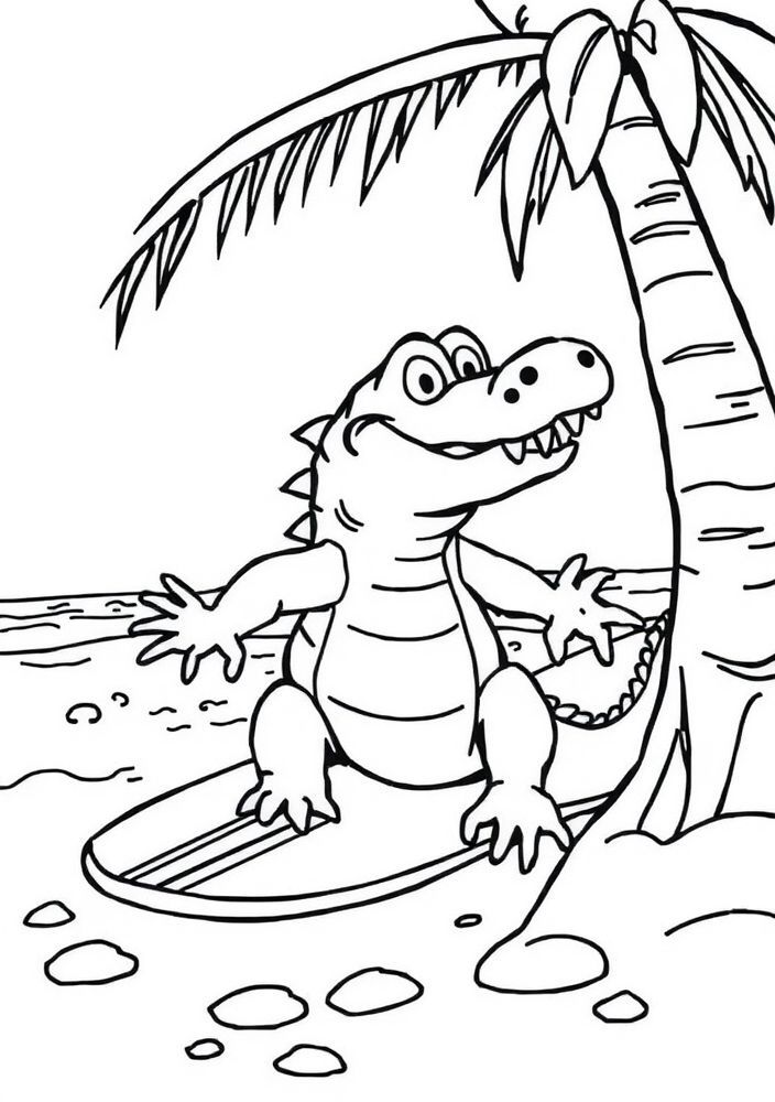 Jacaré surfista na praia para colorir