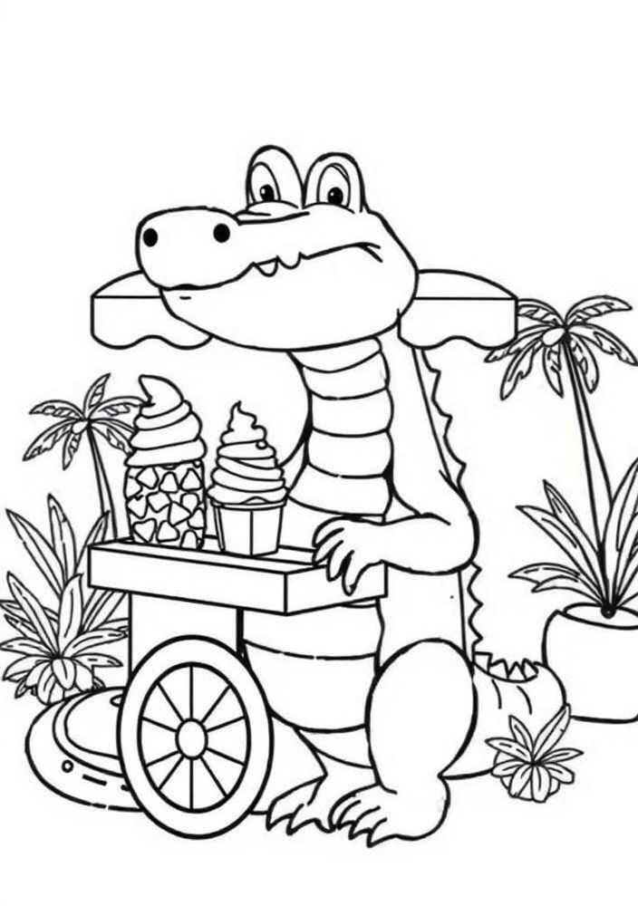 Jacaré vendedor de sorvete para colorir