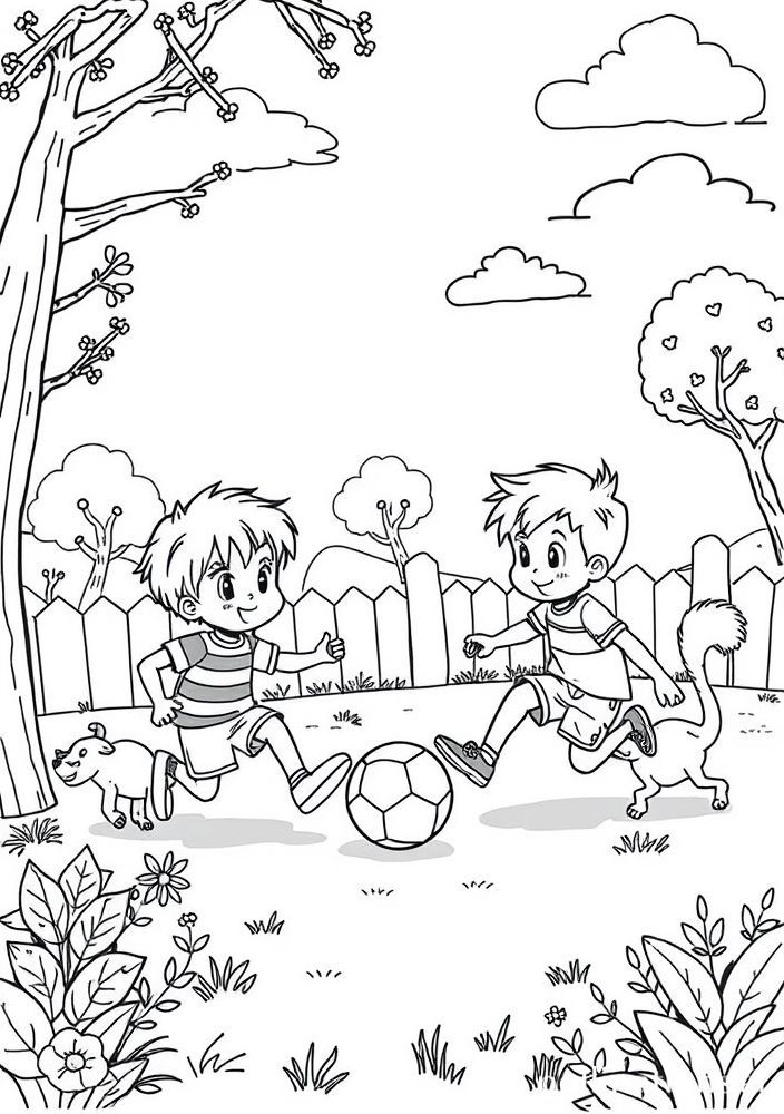 Meninos Jogando Futebol com Animais para Colorir