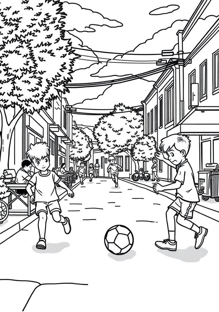 Meninos Jogando Futebol na Rua para Colorir