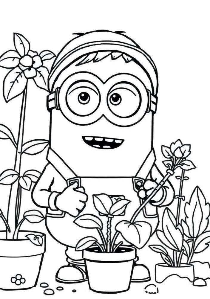 Minion agricultor cuidando do jardim