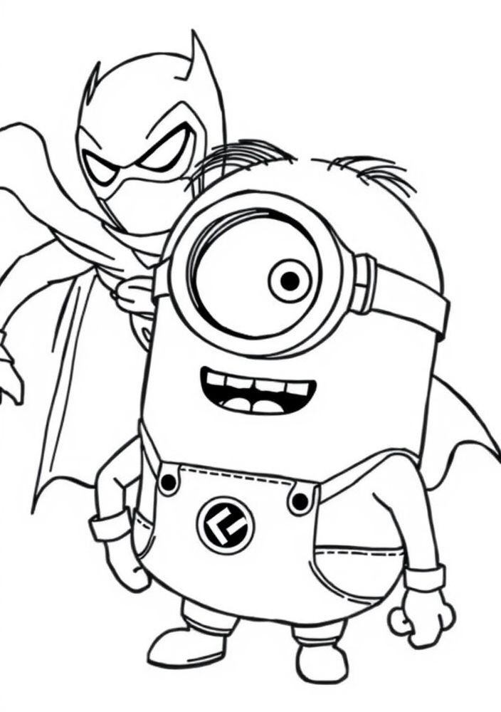 Minion com um super-herói ao fundo para colorir
