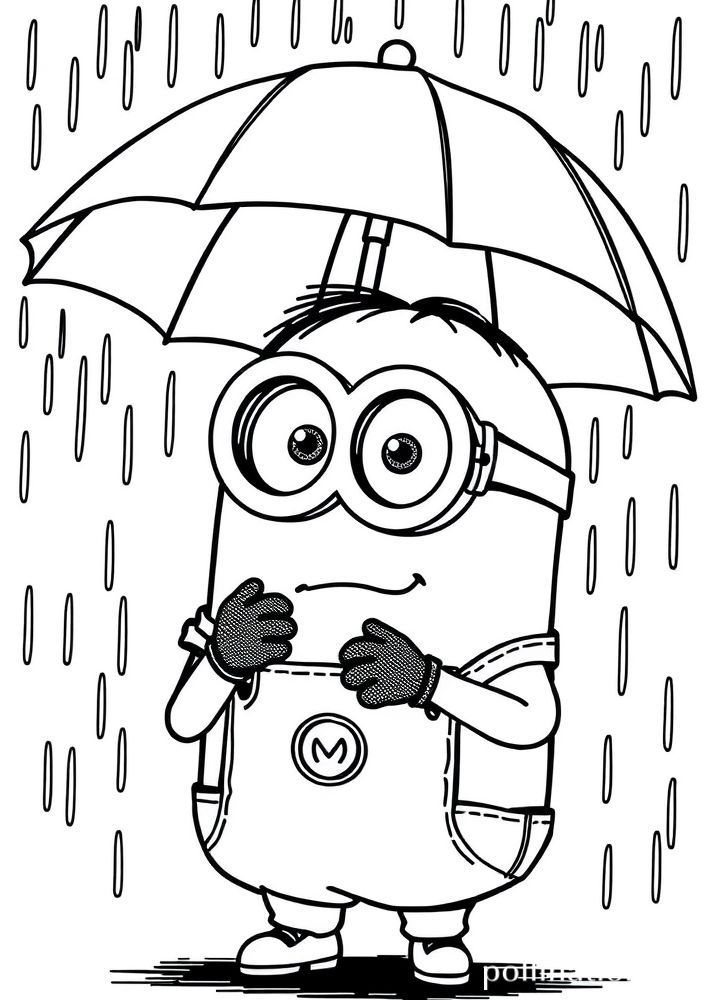 Minion na chuva com guarda-chuva para colorir