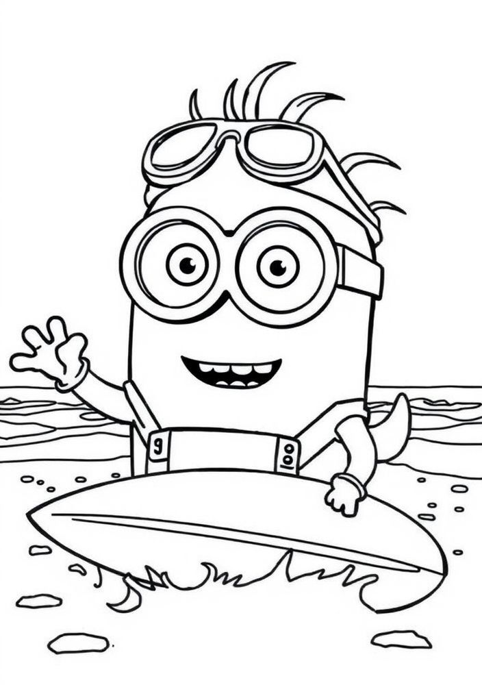 Minion surfando na praia para colorir