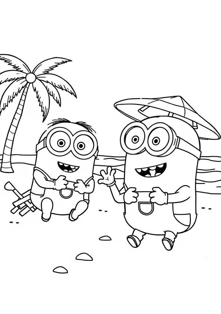 Minions brincando na praia para colorir
