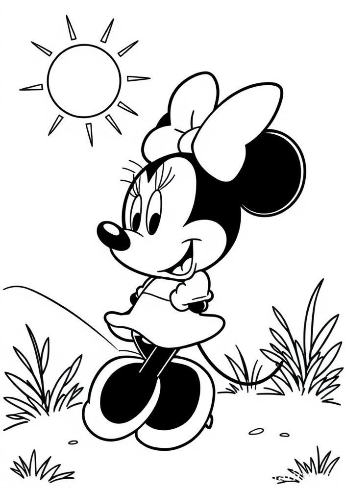 Minnie Mouse ao ar livre com um sol sorridente para colorir