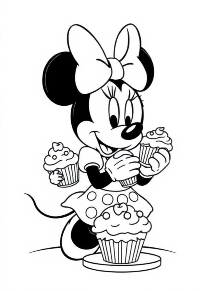 Minnie Mouse fazendo cupcakes para colorir