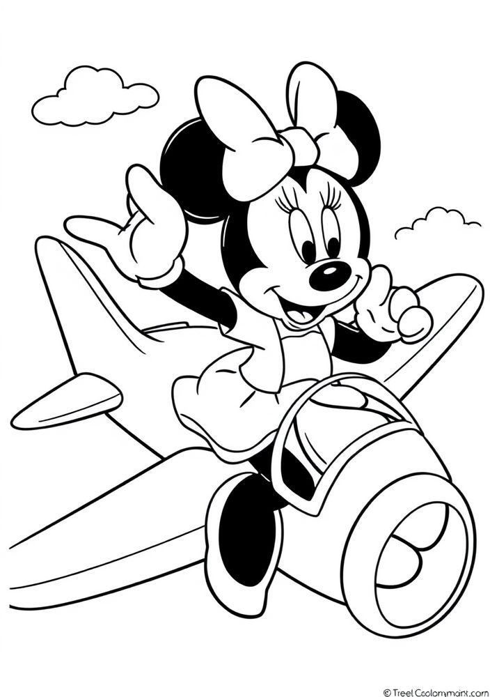 Minnie Mouse viajando de avião para colorir