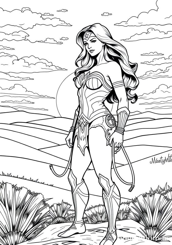 Mulher Maravilha ao pôr do sol para colorir