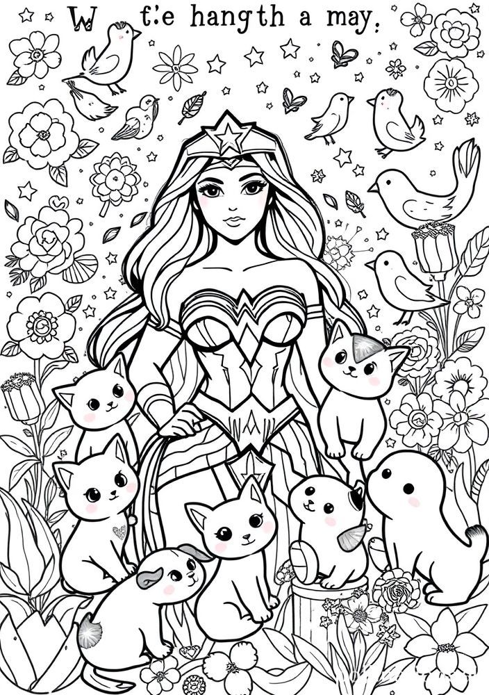 Mulher Maravilha com animais para colorir