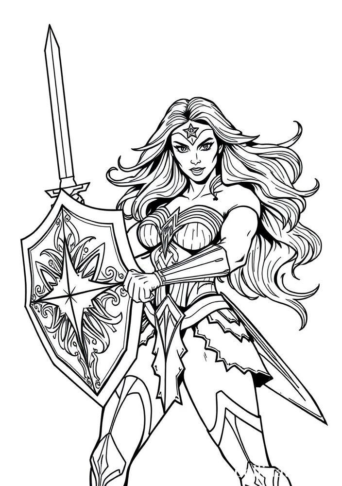 Mulher Maravilha com escudo e espada para colorir
