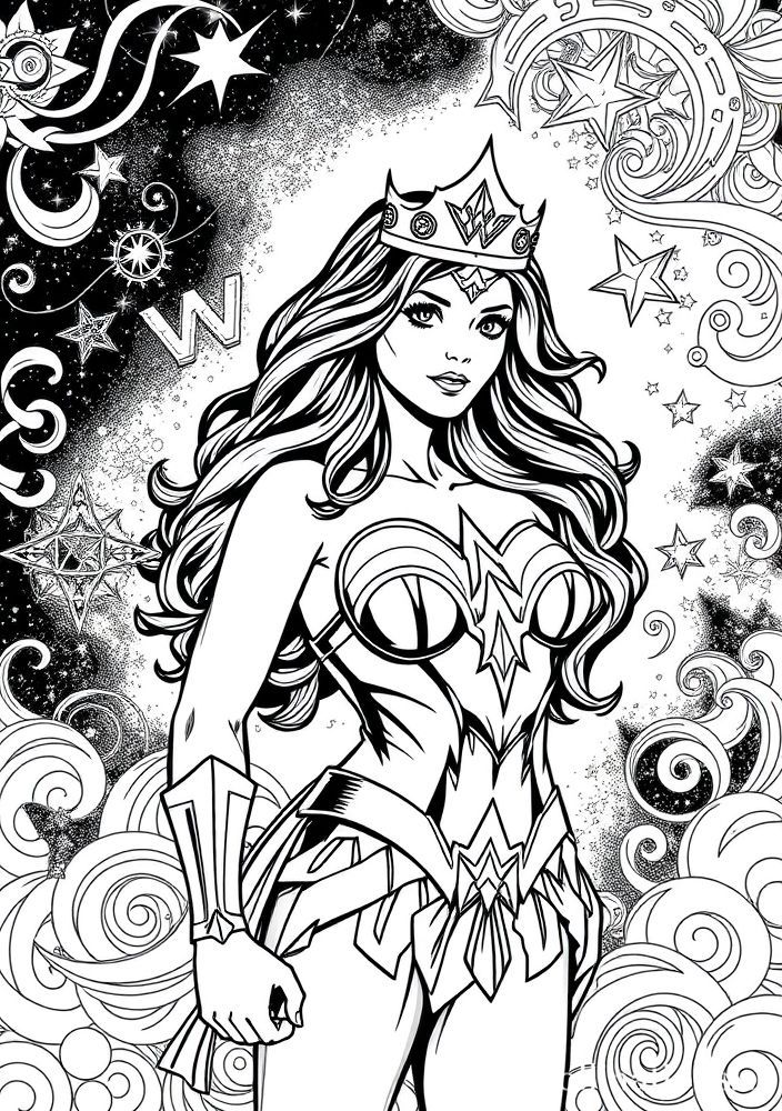 Mulher Maravilha com estrelas e uma tiara para colorir