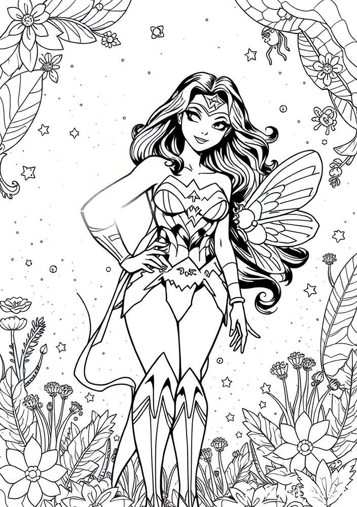 Mulher Maravilha com um inseto mágico para colorir