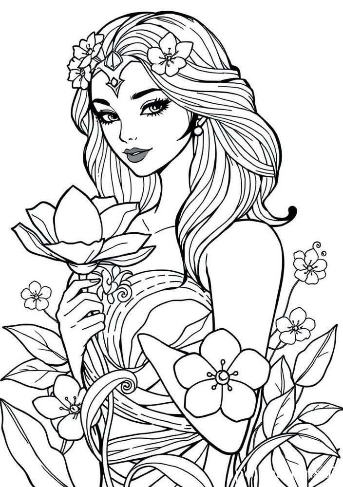 Mulher Maravilha com uma flor para colorir