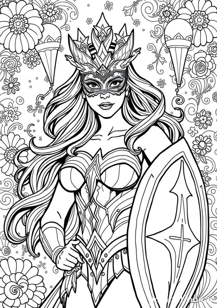 Mulher Maravilha com uma máscara de carnaval para colorir