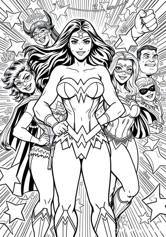 Mulher Maravilha e seus amigos super-heróis para colorir
