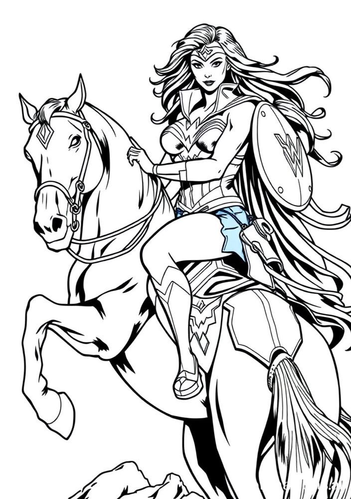 Mulher Maravilha em cavalgar um cavalo para colorir