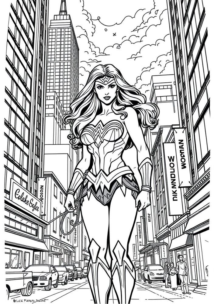 Mulher Maravilha em um cenário urbano para colorir