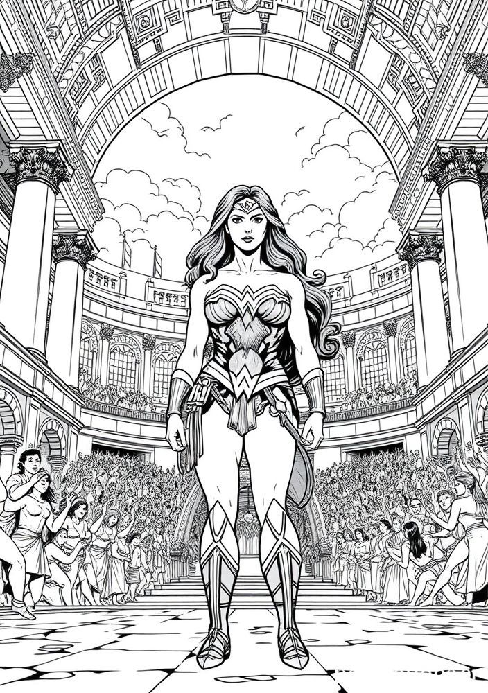 Mulher Maravilha em um coliseu romano para colorir