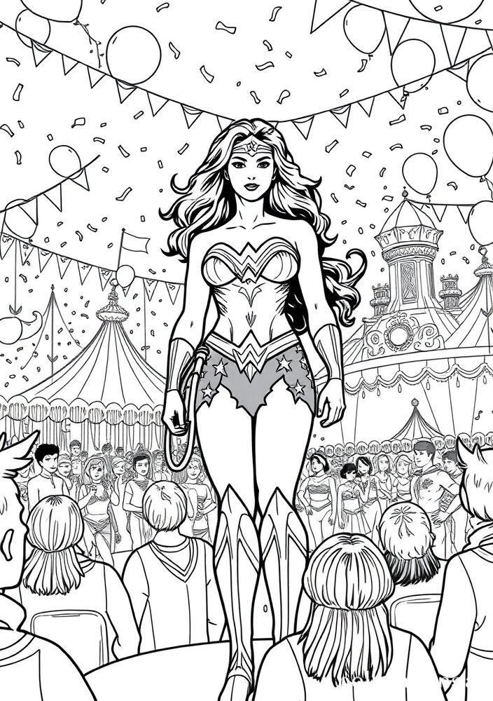 Mulher Maravilha em um desfile de carnaval para colorir