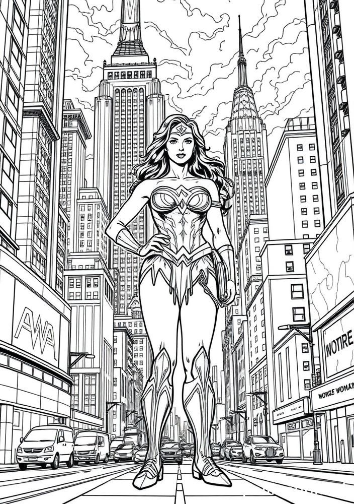 Mulher Maravilha em um fundo de cidade para colorir