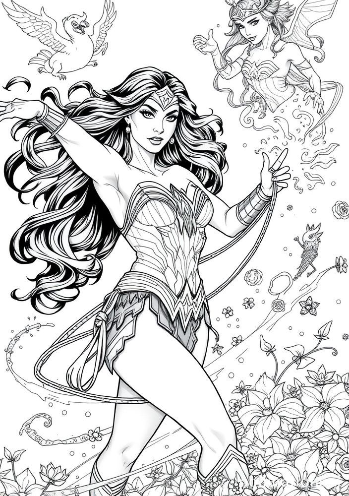 Mulher Maravilha em um mundo mágico para colorir