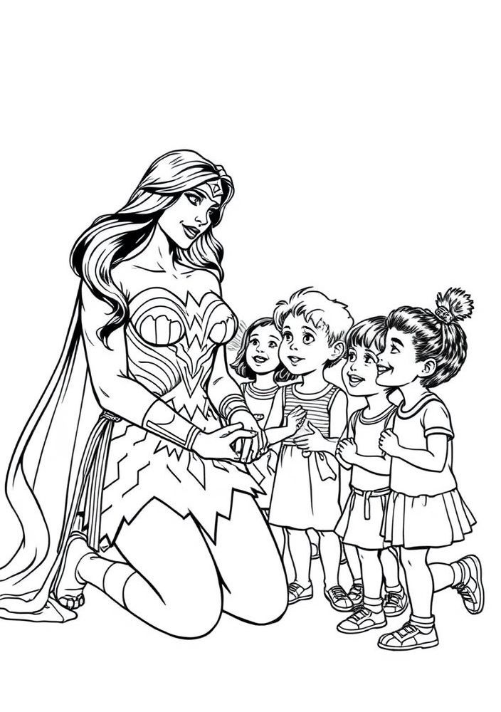 Mulher Maravilha ensinando crianças para colorir