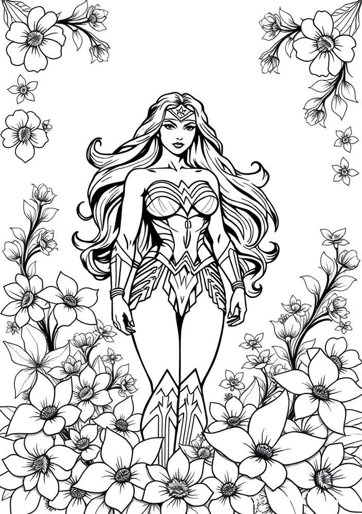 Mulher Maravilha rodeada de flores para colorir