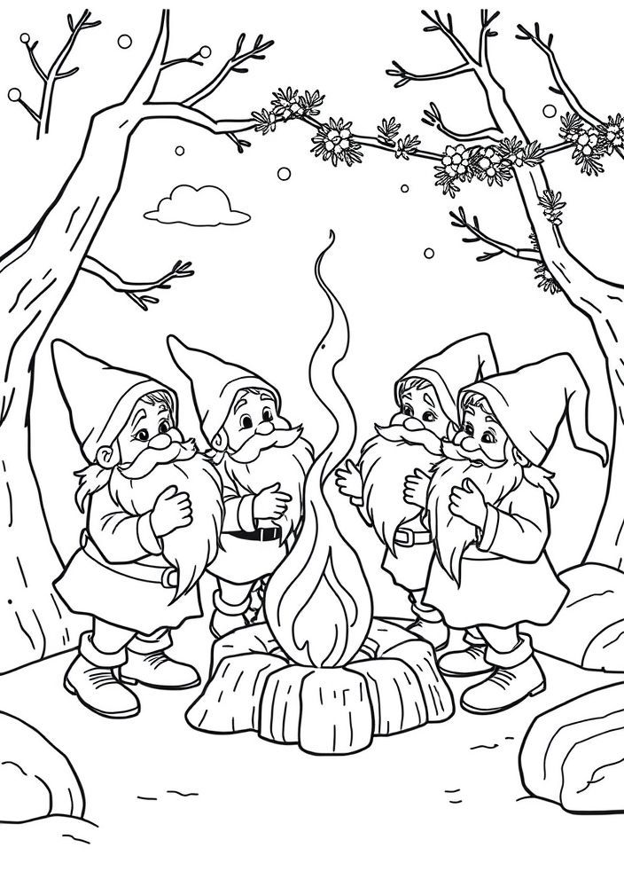 Os Anões dançando ao redor da fogueira para colorir