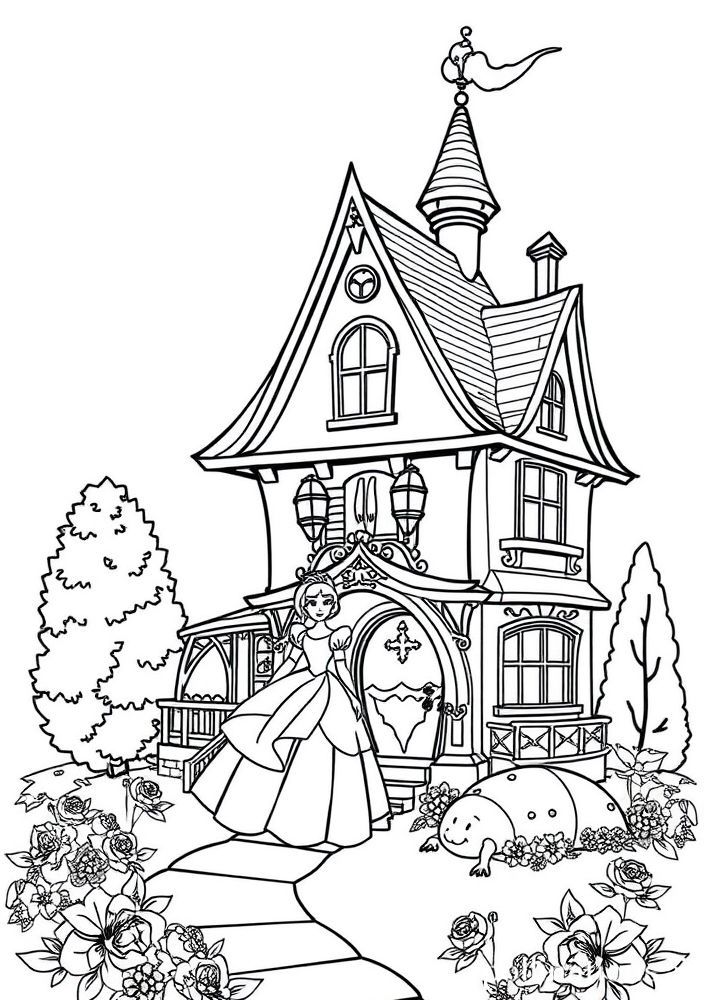 Páginas para colorir da casa da Cinderela com suas irmãs más